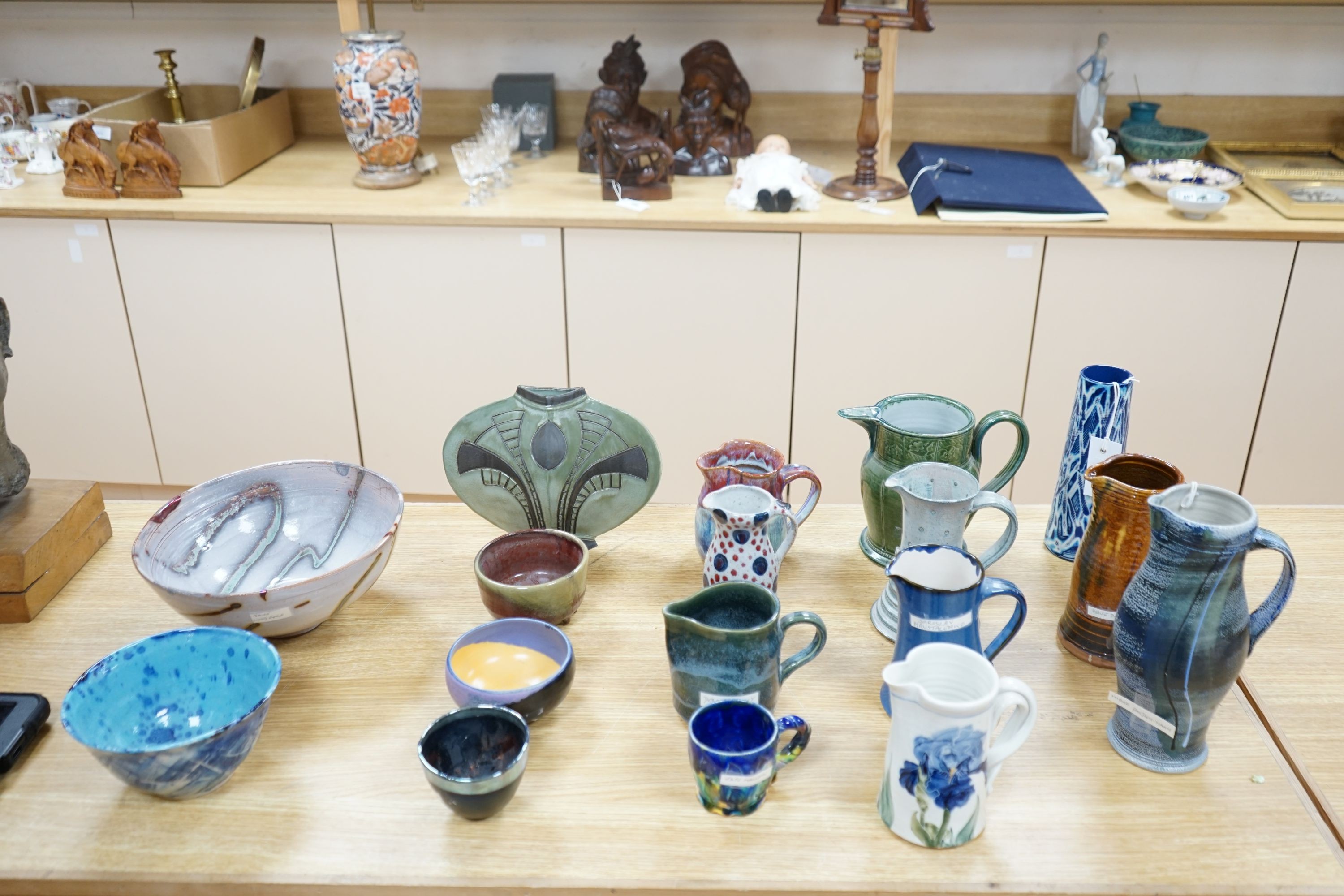 A group of studio pottery jugs, bowls and vases to include- 26cm